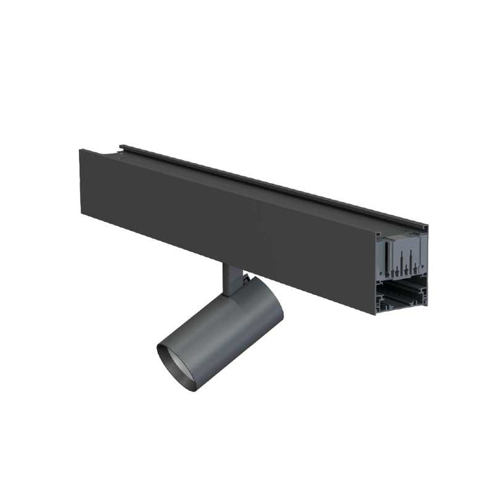 Track spot light fixture with dark metal rail and adjustable cylindrical spotlight head
