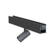 Track spot light fixture with dark metal rail and adjustable cylindrical spotlight head