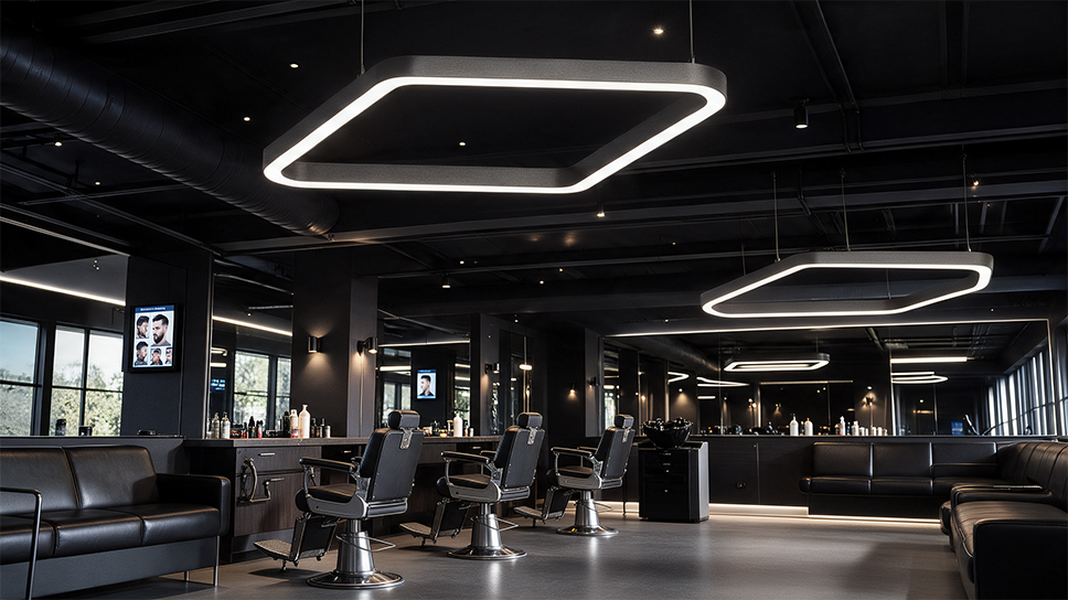 Multiple rounded square LED ceiling lights with glowing outlines in a commercial room