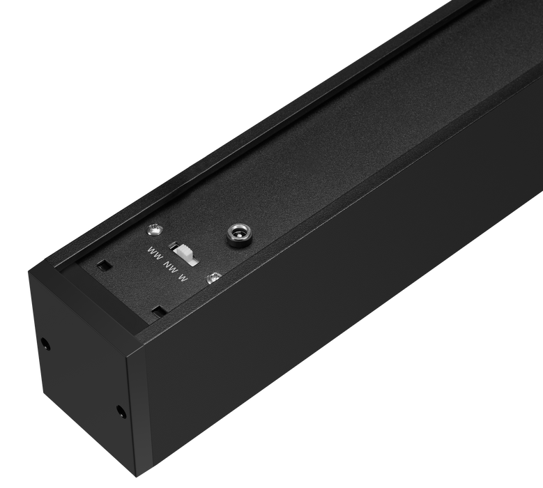 Black linear LED housing end with mounting holes and small control components