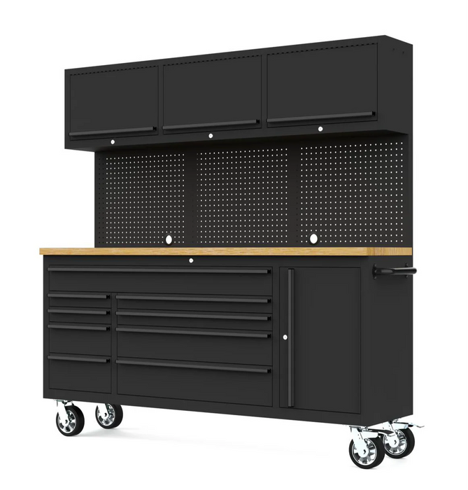 Workbench with Overhead Cabinets - 1.8m - Black w/ Timber Top