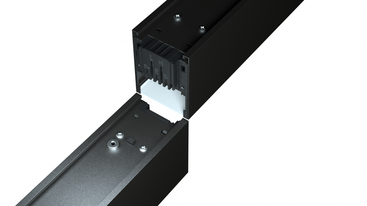 Linear LED housing with open end revealing mounting points and internal connector area