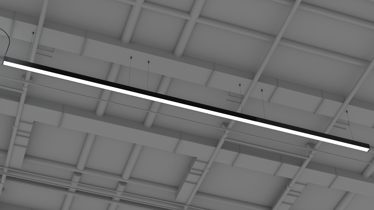 Recessed linear LED strip mounted in a ceiling grid, long slim profile