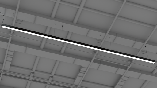 Recessed linear LED strip mounted in a ceiling grid, long slim profile