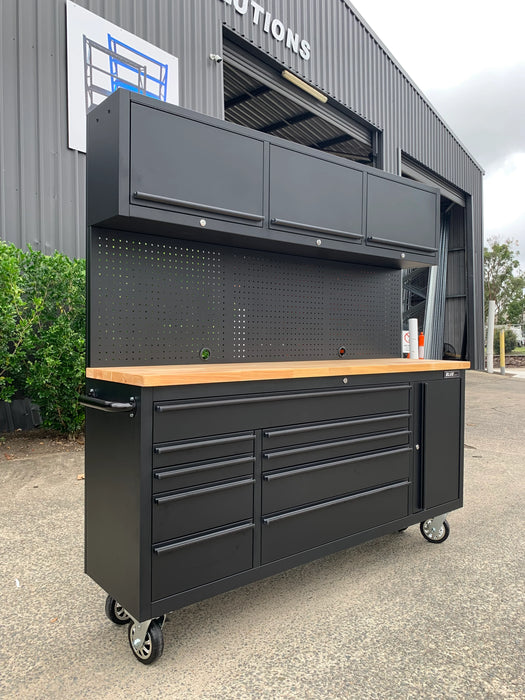 Workbench with Overhead Cabinets - 1.8m - Black w/ Timber Top