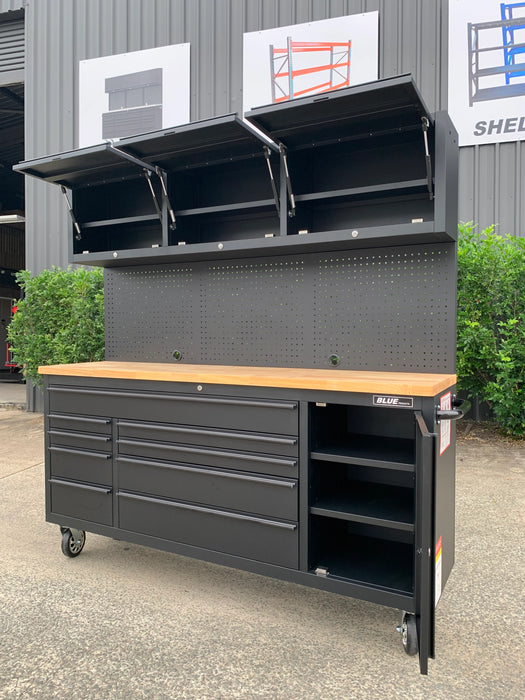 Workbench with Overhead Cabinets - 1.8m - Black w/ Timber Top