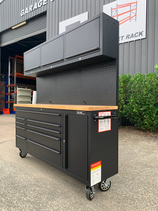 Workbench with Overhead Cabinets - 1.8m - Black w/ Timber Top