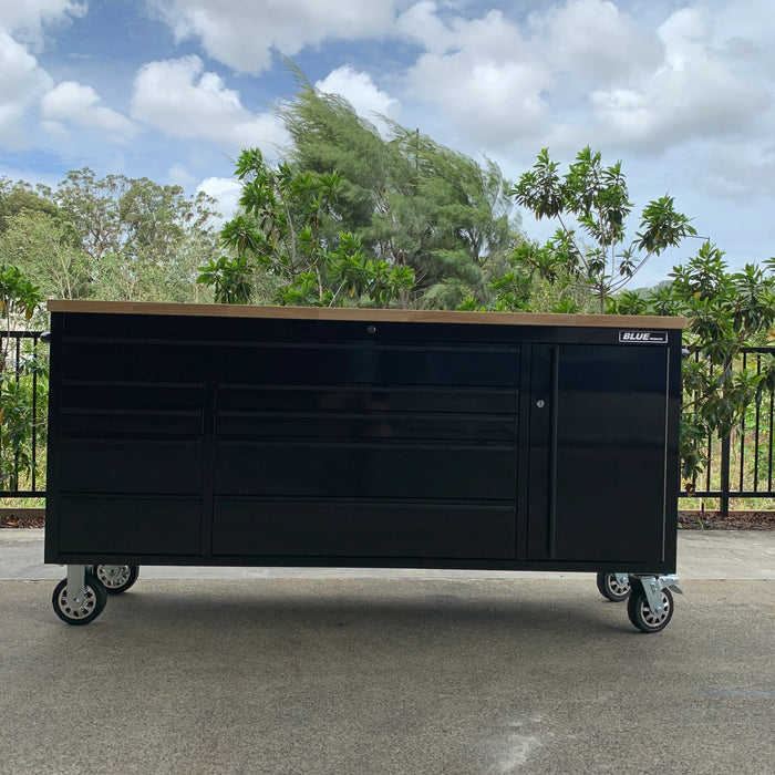 Tool Chest Workbench Base Unit trolley - 1.8m - Black w/ Timber Top