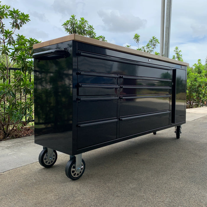Tool Chest Workbench Base Unit trolley - 1.8m - Black w/ Timber Top