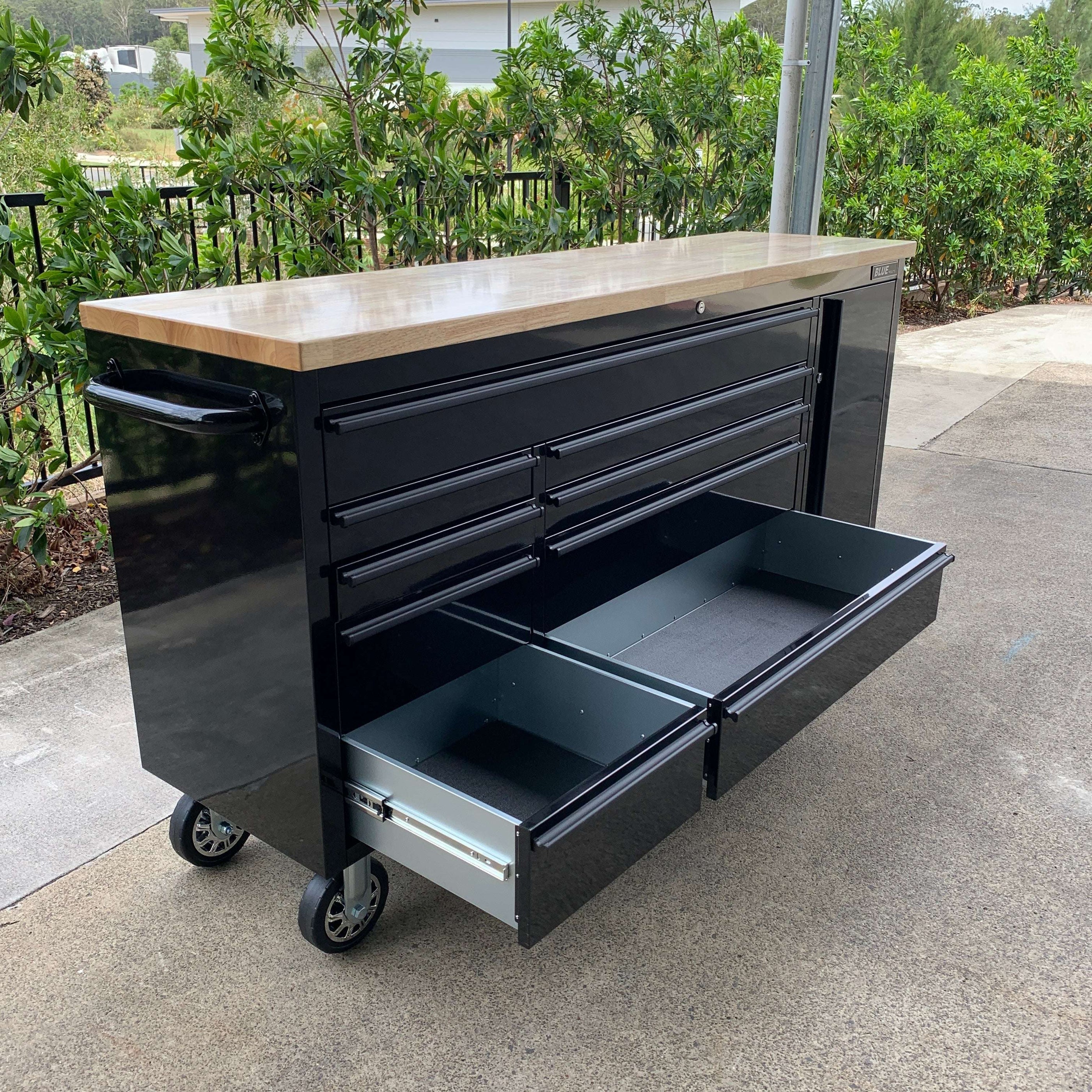 1.8m Black Tool Chest Workbench with Timber Top Storage – OMG Garage
