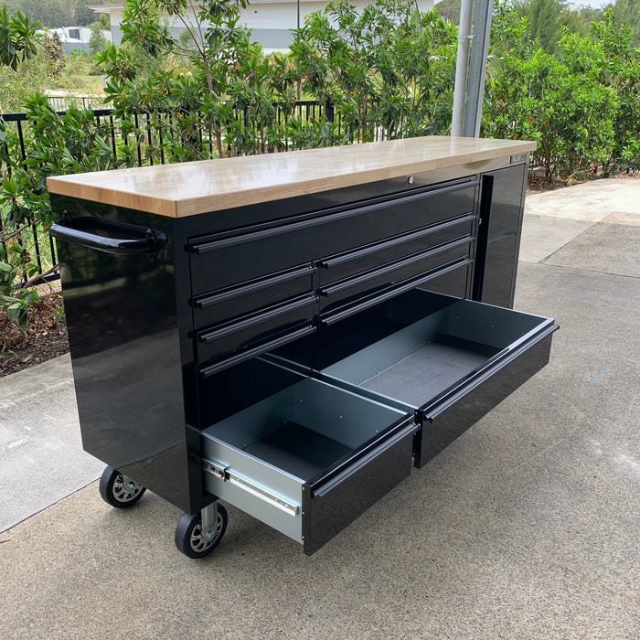 Tool Chest Workbench Base Unit trolley - 1.8m - Black w/ Timber Top