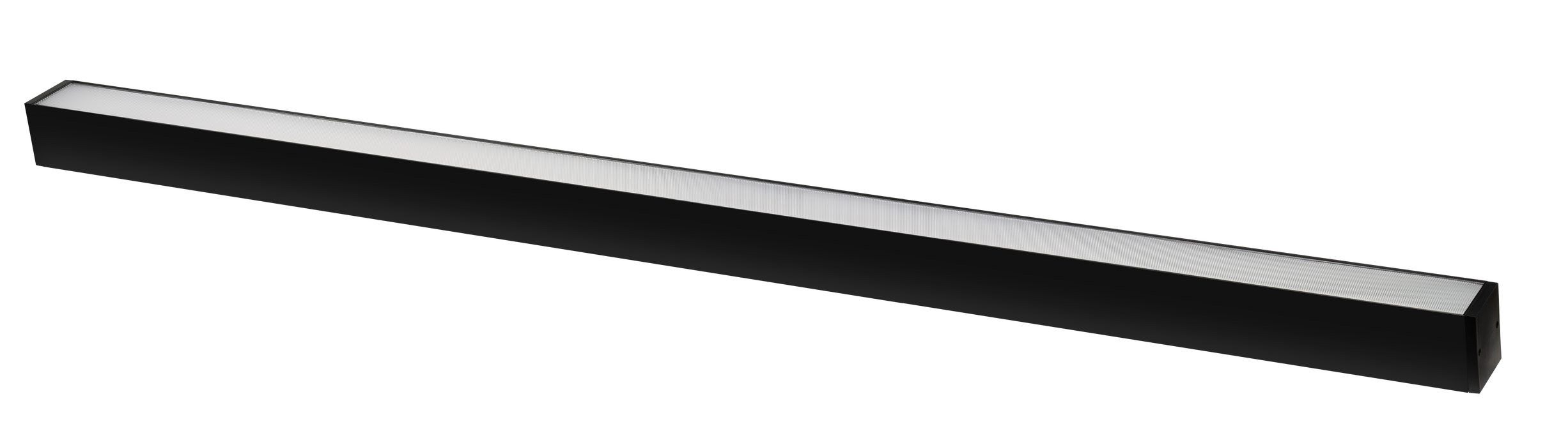 Black linear LED light fixture with frosted diffuser strip, straight design