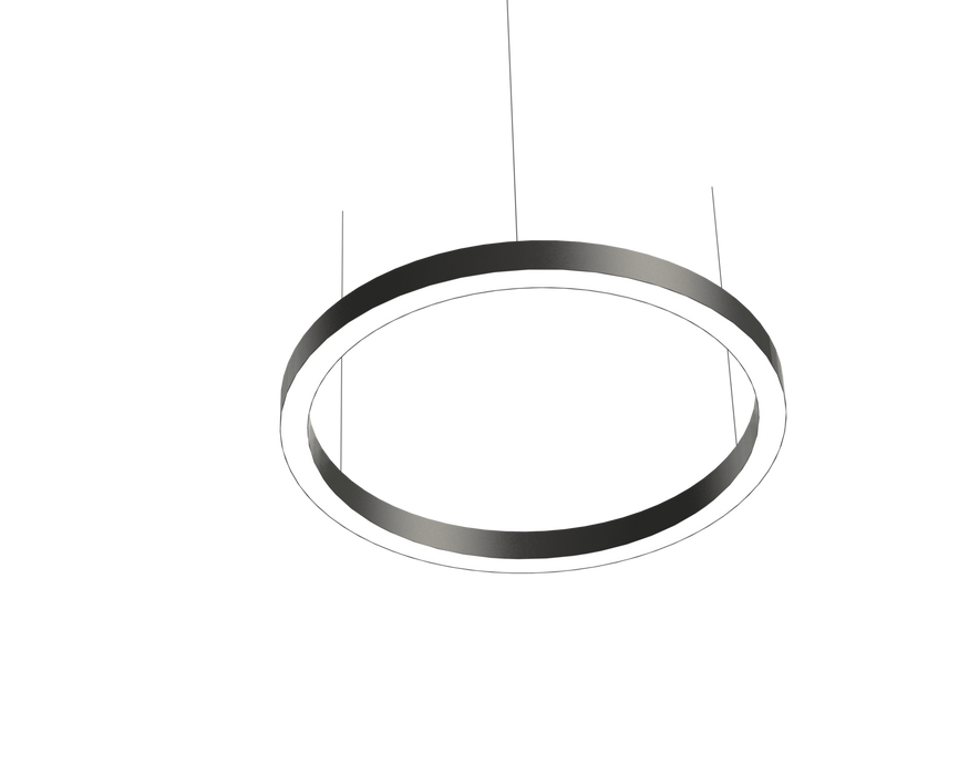 Suspended round LED ring light with silver frame and white glowing rim