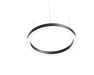Suspended round LED ring light with silver frame and white glowing rim