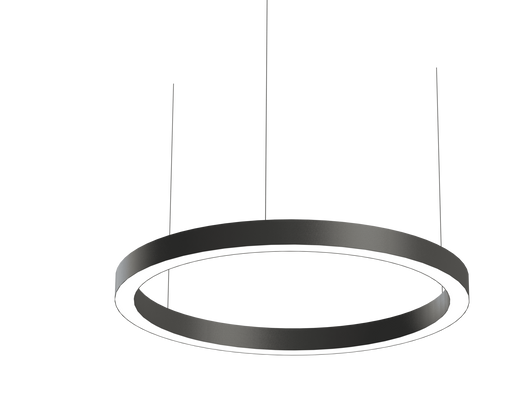 Suspended round LED ring light on cords, silver frame with white glowing rim