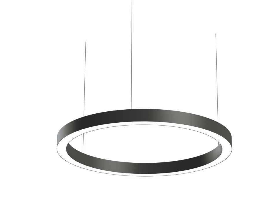 Suspended round LED ring light on cords, silver frame with white glowing rim