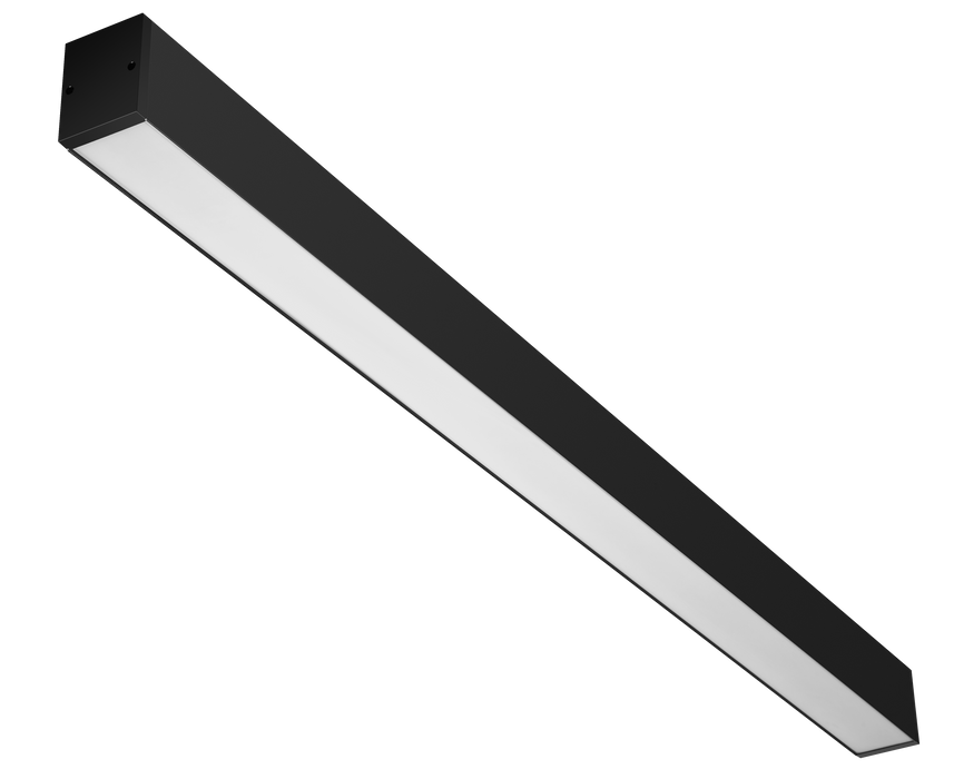 White linear ceiling light fixture with aluminum housing and flat diffuser