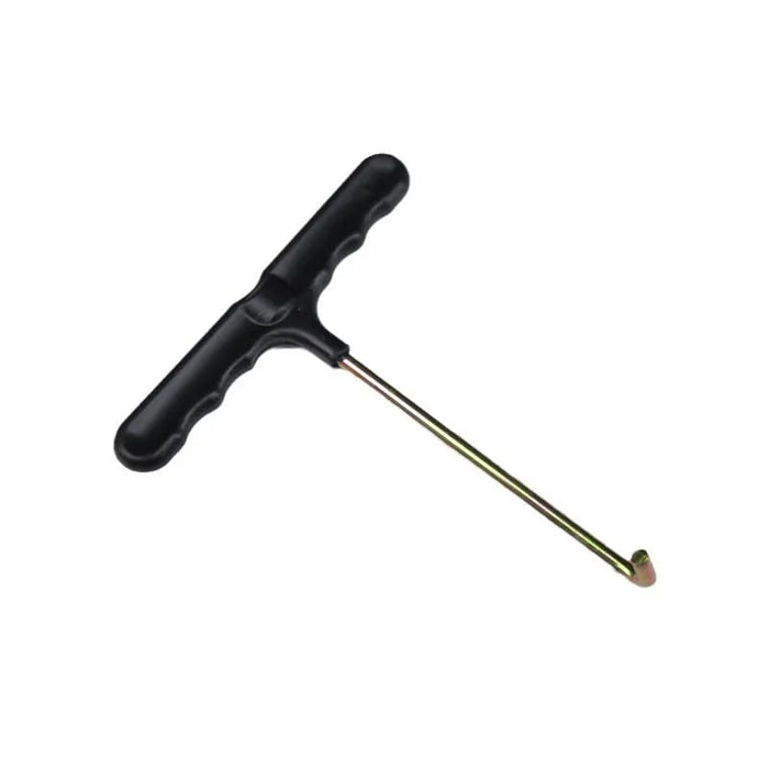Tile removal tool with black T-handle and long metal rod, pointed end