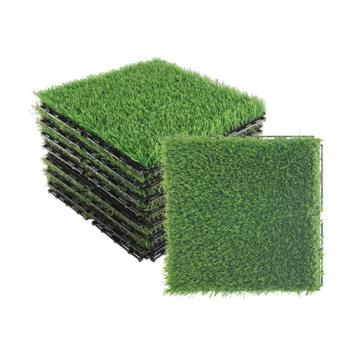 Artificial grass tile set, bright green turf with dark backing, stacked
