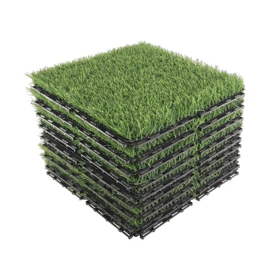 Artificial grass tiles, bright green turf blades on black textured backing