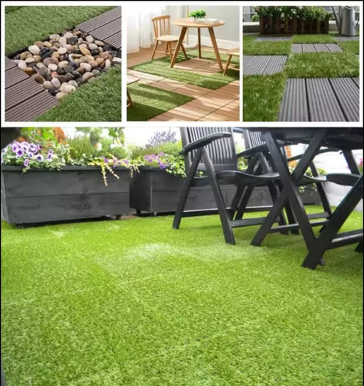 Artificial grass lawn tiles, bright green turf surface for patio and garden