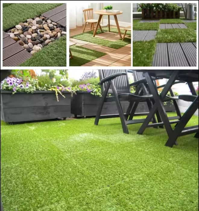 Artificial grass lawn tiles, bright green turf surface for patio and garden