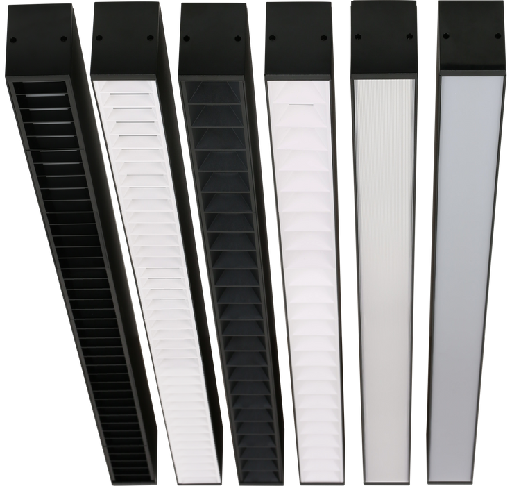 Set of slim linear LED fixtures in black and white with diffuser panels