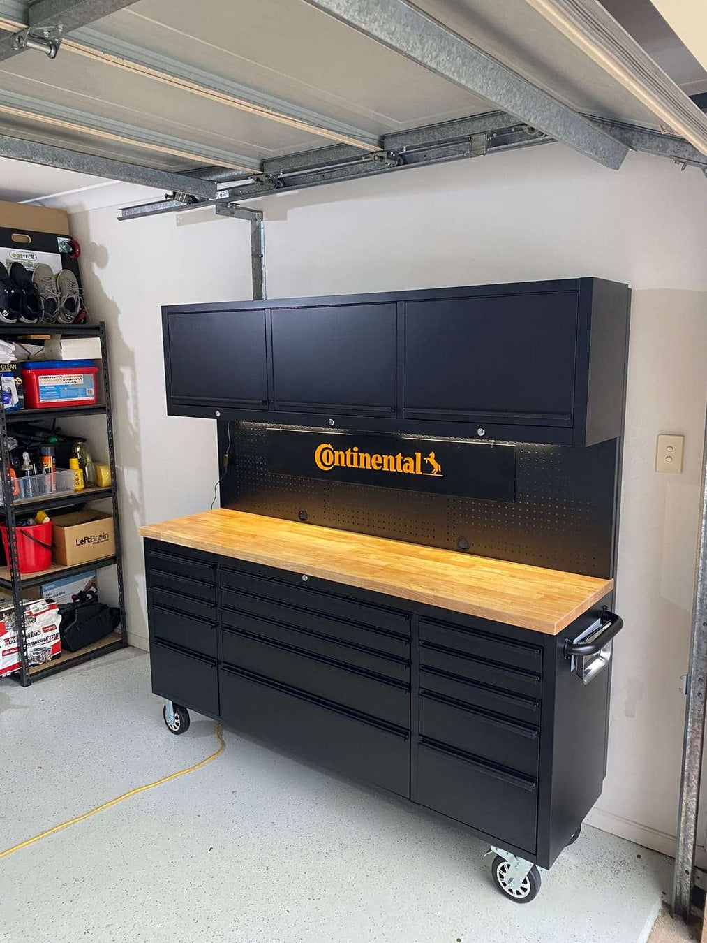 Garage rolling tool workbench with wood top and multi-drawer storage base
