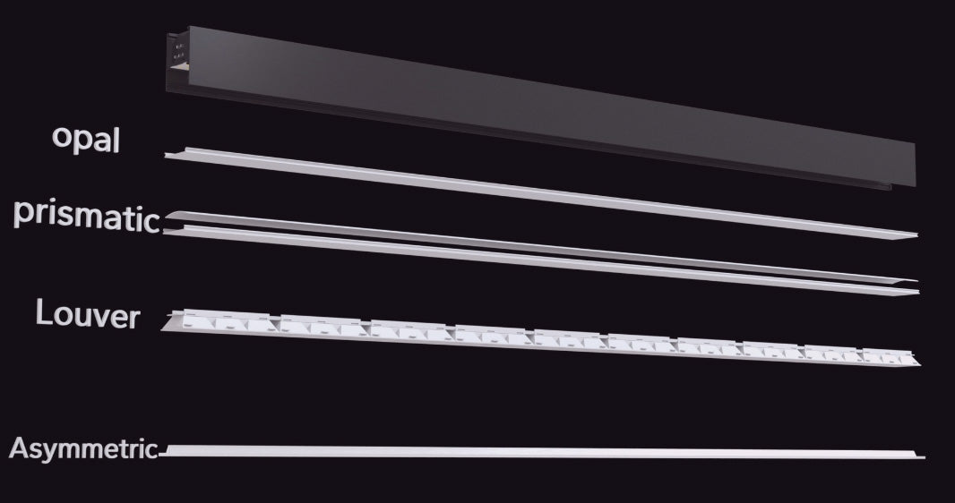 Linear LED diffuser examples: opal, prismatic, louver, and asymmetric light patterns