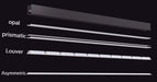 Linear LED diffuser examples: opal, prismatic, louver, and asymmetric light patterns