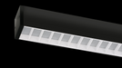 Black linear LED light with vented white diffuser slots inside the housing