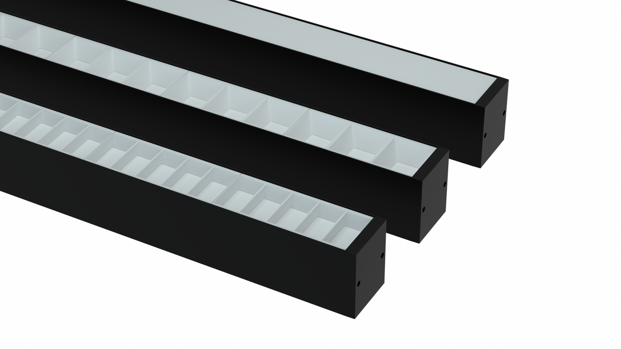 Black linear LED fixture with white ribbed diffuser along the length